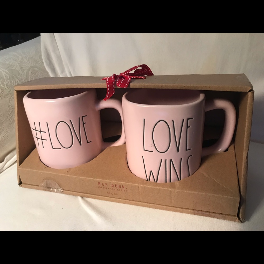 Rae Dunn set of 2 pink mugs, “#Love” and “Love Wins”,  still in box.